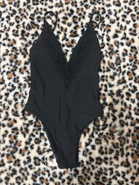 aerie Black One-Piece Swimsuit with Lace Trim
